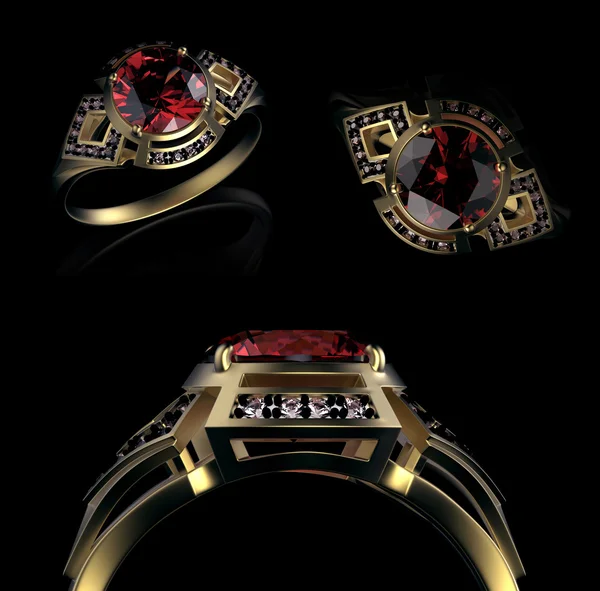 Arany Karikagyűrű, gyémánt. Holiday szimbólum. Rubin drágakő — Stock Fotó
