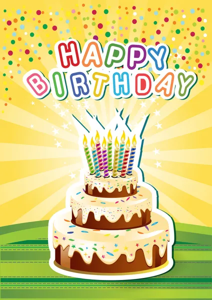 模板快乐 birthsday 卡与蛋糕和蜡烛 — 图库矢量图片