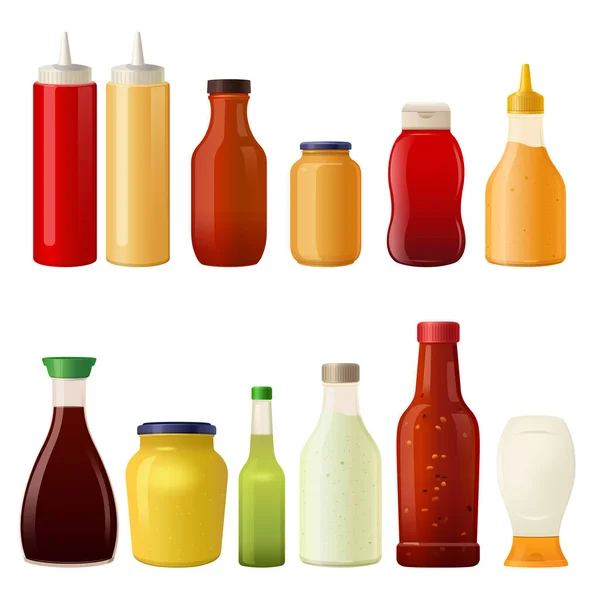 Różne Sosy Butelkach Puszkach Ketchup Musztarda Majonez Itp Realistyczna Ilustracja — Wektor stockowy