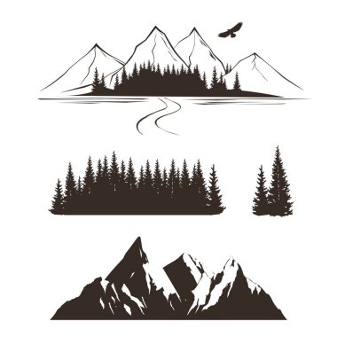 Rocky dağları ve orman silueti. Logo tasarımı için grafik elementler. Siyah ve beyaz renkli vektör illüstrasyonu