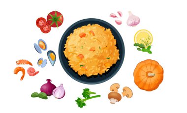 Risotto ve çeşitli malzemelerle dolu bir tabak. Balkabağı, mantar, deniz meyvesi, vs. Geleneksel İtalyan mutfağı. Beyaz üzerine vektör illüstrasyonu