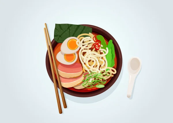 Miso Ramen Noodles Pork Egg Vegetables Served Chopsticks Spoon View — Stock Vector