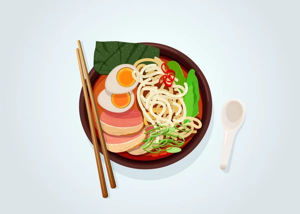 Miso Ramen Con Fideos Cerdo Huevo Verduras Servido Con Palillos — Vector de stock