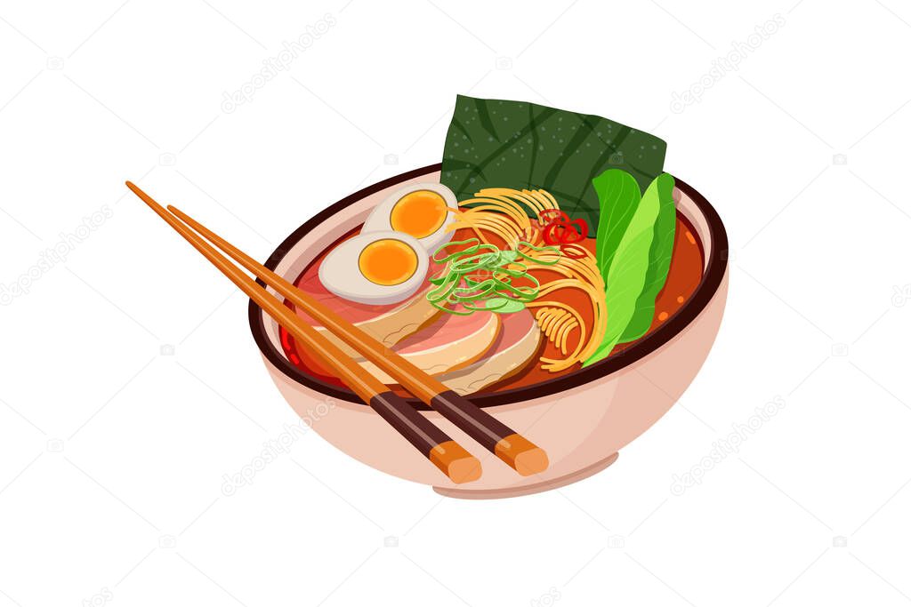 Miso ramen with noodles, pork, egg and vegetables. Served with chopsticks. Vector illustration
