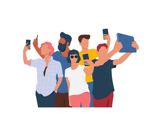 Personas Que Toman Selfie Teléfonos Inteligentes Tabletas Ilustración Vectorial Plana — Vector de stock