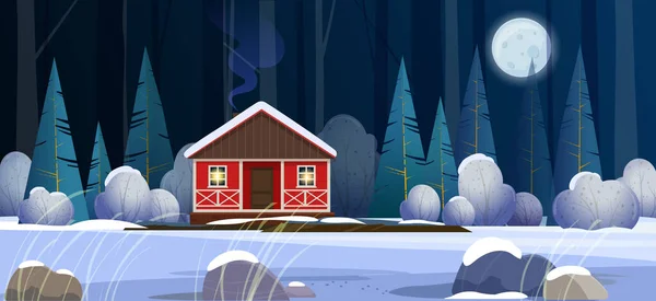 Paisaje Invernal Casa Roja Bosque Invierno Por Noche Ilustración Vectorial — Vector de stock