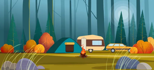 Camping Con Tienda Campaña Caravana Remolque Bajo Bosque Otoño Ilustración — Vector de stock