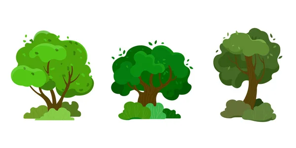 Σύνολο Από Τρία Δέντρα Πράσινο Στέμμα Στυλ Κινουμένων Σχεδίων Εικονογράφηση — Διανυσματικό Αρχείο