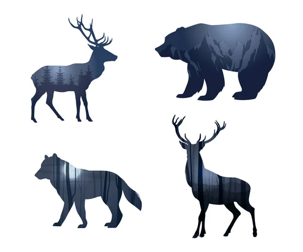 Silhouette Animaux Sauvages Avec Double Effet Exposition Cerf Loup Ours — Image vectorielle