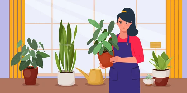 一个穿着围裙手里拿着盆栽的家庭植物的年轻女人 背景上有一个大窗户和不同的室内盆栽 矢量说明 — 图库矢量图片