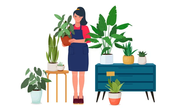 Mujer Joven Delantal Pie Jardín Casero Sosteniendo Una Planta Interior — Archivo Imágenes Vectoriales