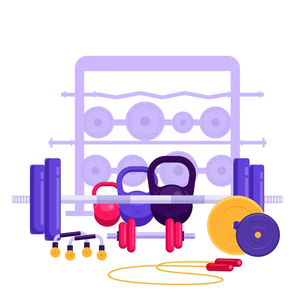 Treningsutstyr Kroppsbyggingsutstyr Hjemmestudio Flate Vektorillustrasjoner – stockvektor