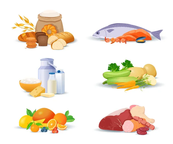 Διαφορετικοί Τύποι Προϊόντων Διατροφής Νωπά Λαχανικά Και Φρούτα Κρέας Θαλασσινά — Διανυσματικό Αρχείο