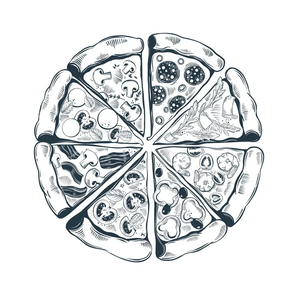 Fatias Pizza Desenhadas Mão Com Coberturas Diferentes Vista Superior Ilustração — Vetor de Stock