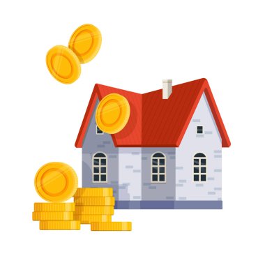 Altın madeni paralarla dolu bir ev. Kiralamak ve emlak konsepti almak. Beyaz üzerinde düz vektör illüstrasyonu