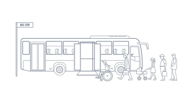 Fahrgäste steigen an der Haltestelle in den Bus ein — Stockvektor