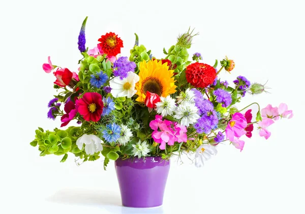 Bouquet Beautiful Wildflowers Purple Vase White Background — Foto Stock