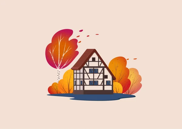 Beautiful Half Timbered House Surrounded Bushes Trees Autumn Scene Vector — Vector de stock