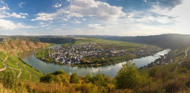 Aerial view of the moselle river bend. The Moselle valley with vineyards, hills and meandering river, Rhineland-Palatinate, Germany, Europe