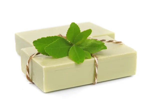 Soap and leaves of green tea — Stock Photo, Image