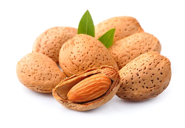 Almonds nuts with leaves — Stock Photo, Image