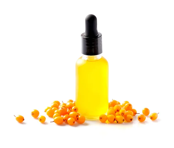 Natural Sea Buckthorn Oil Berry White Backgrounds Closeup Bottle Oil — Stock Photo, Image