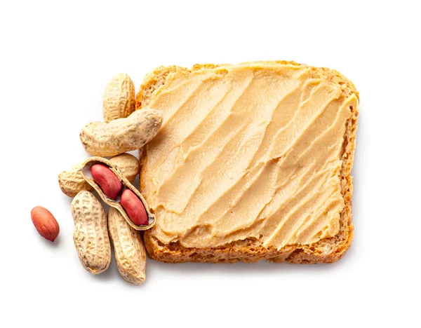 Bread Peanut Butter Nuts White Backgrounds Healthy Breakfast — Stock Photo, Image