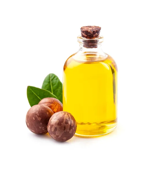 Nueces Macadamia Botella Aceite Macadamia Sobre Fondos Blancos —  Fotos de Stock