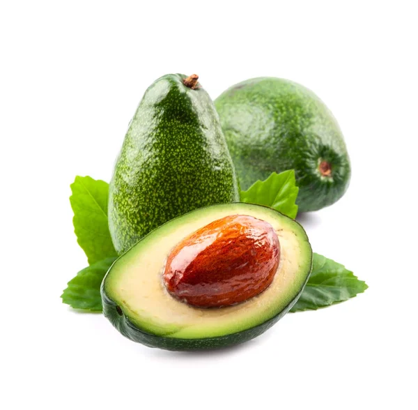 Avocados Fruit Leaves White Backgrounds Healthy Food Ingredient — Stock Photo, Image