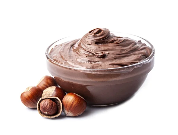 Beyaz Arka Planda Filbert Fındıklı Çikolata Ezmesi Sağlıklı Kahvaltı — Stok fotoğraf