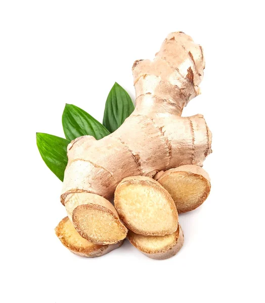 Ginger Root Leaves White Backgrounds Healthy Spice — Stock Photo, Image