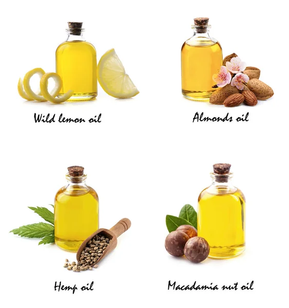 Set Essentiale Oil White Backgrounds Essentiale Oil Hemp Almonds Oil — Stock Photo, Image