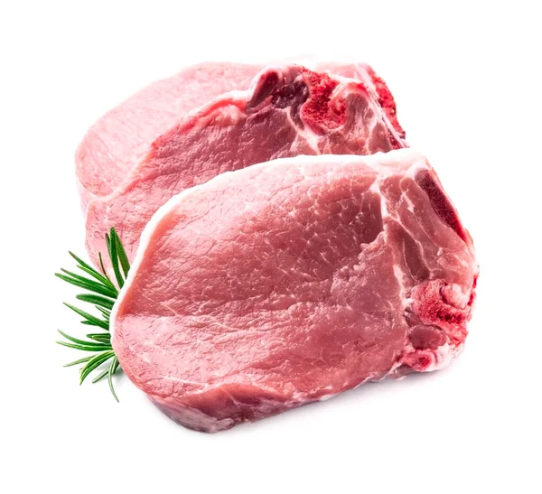 Carne Crua Com Herba Alecrim Fundos Brancos — Fotografia de Stock