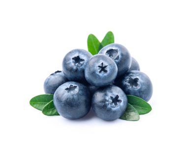 Sweet blueberries with leaves on white backgrounds. Healthy food ingredient.