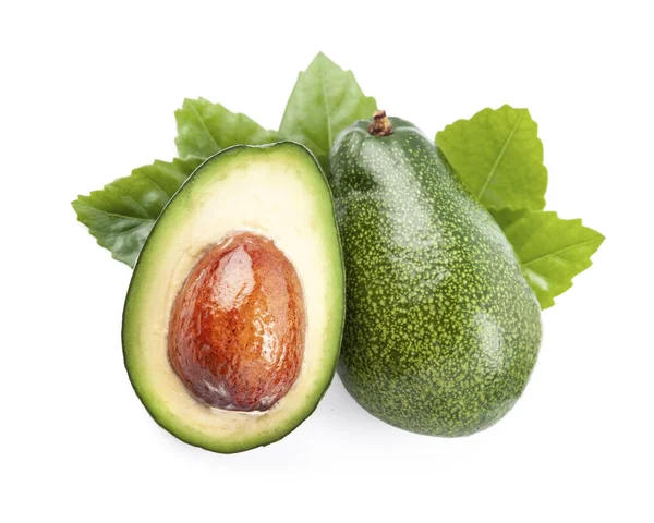 Sweet Avocados Fruit Leaves White Backgrounds Close Healthy Food Ingredient — Foto Stock