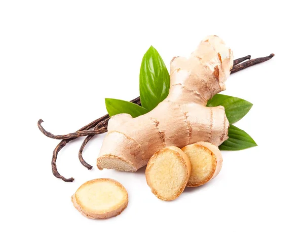 Ginger Root Vanilla Stick White Backgrounds Healthy Spice Super Food — Stock Photo, Image