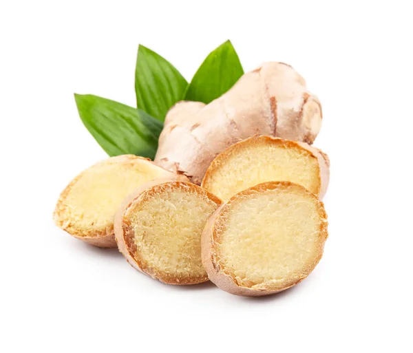 Ginger Root Slick Leaves White Backgrounds Herbal Spice Stock Image
