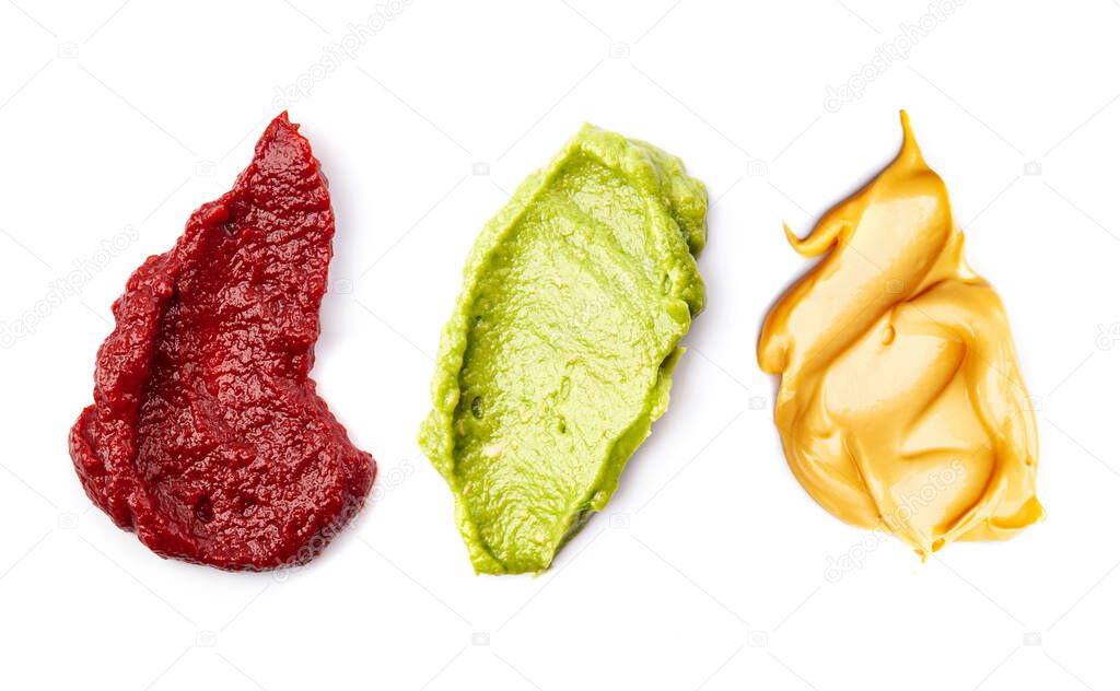 Tomato sauce, cheese sauce, guacamole sauce on a white background