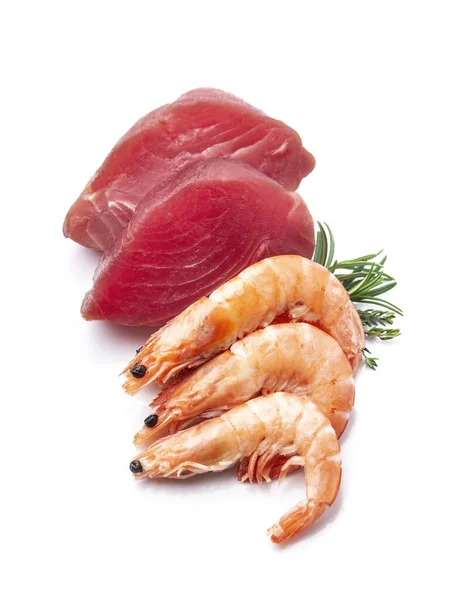 Garnalen Met Tonijn Witte Achtergrond Zeevoedsel Sushi Voedselingrediënt — Stockfoto