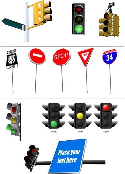 En uppsättning trafikljus. Röd signal. Gul signal. Grön signal — Stock vektor