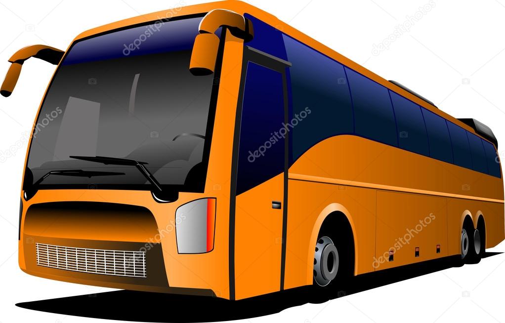 Orange tourist bus on the road. Coach. City bus. Vector illustr