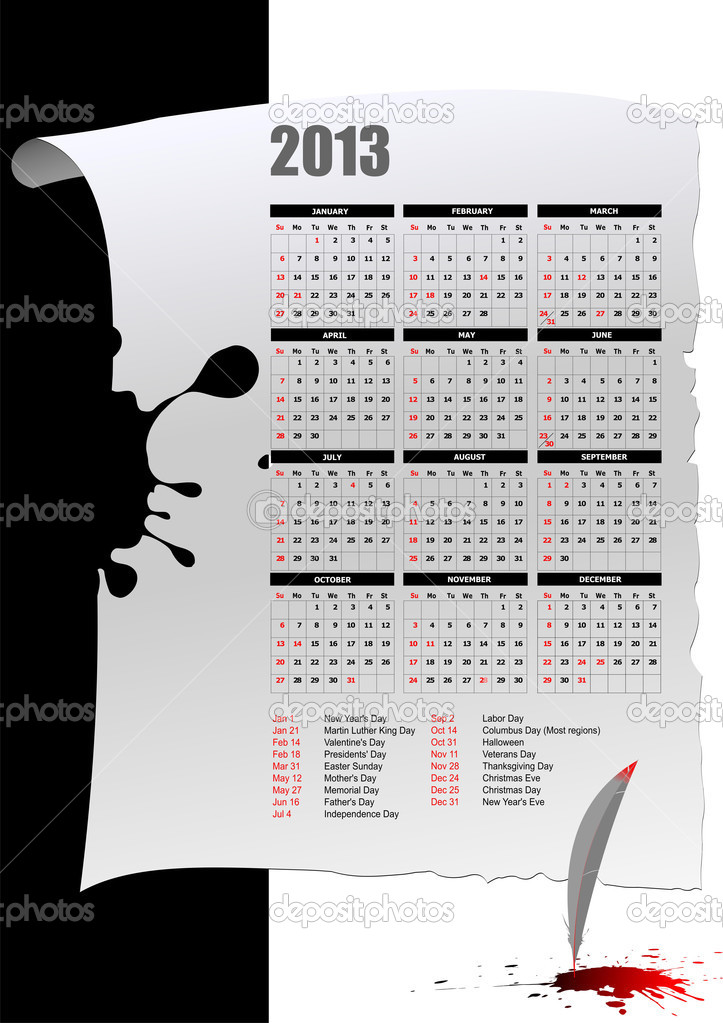 Calendar 2013 with American holidays. Months. Vector illustratio