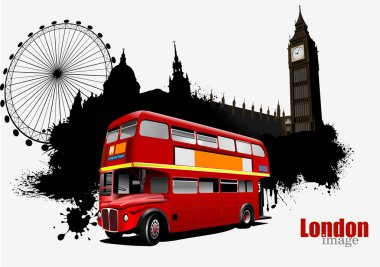 Otobüs görüntülü Grunge London görüntüleri. Vektör illüstrasyonu