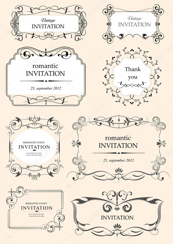 Collection of ornate vector frames and ornaments with sample tex