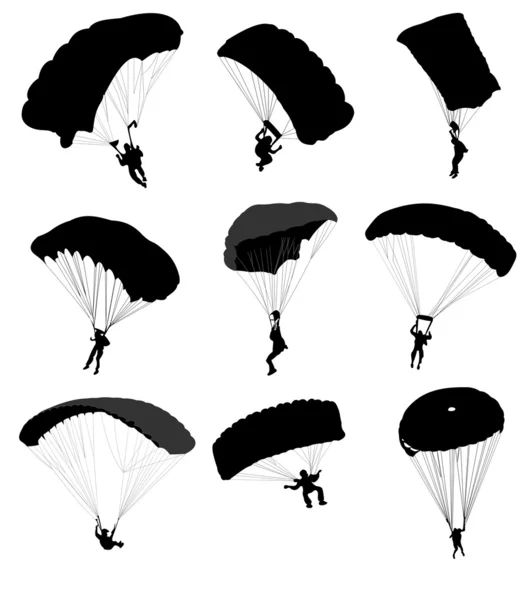 Grote verzameling van parachutisten tijdens de vlucht. vectorillustratie — Stockvector