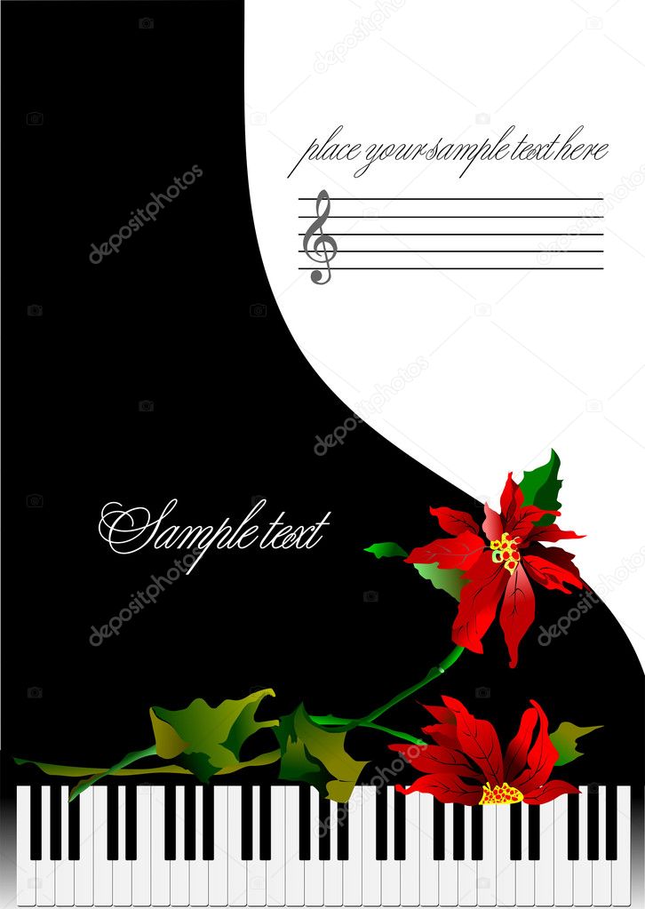 Template greeting card with piano and flower or cover for notes.