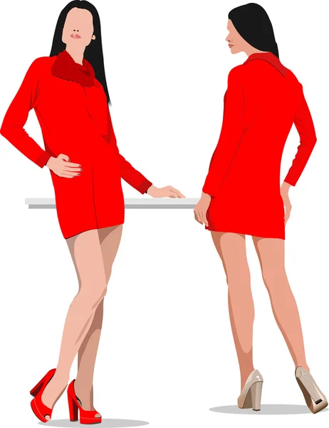 Two women in red. Vector illustration — Stock Vector