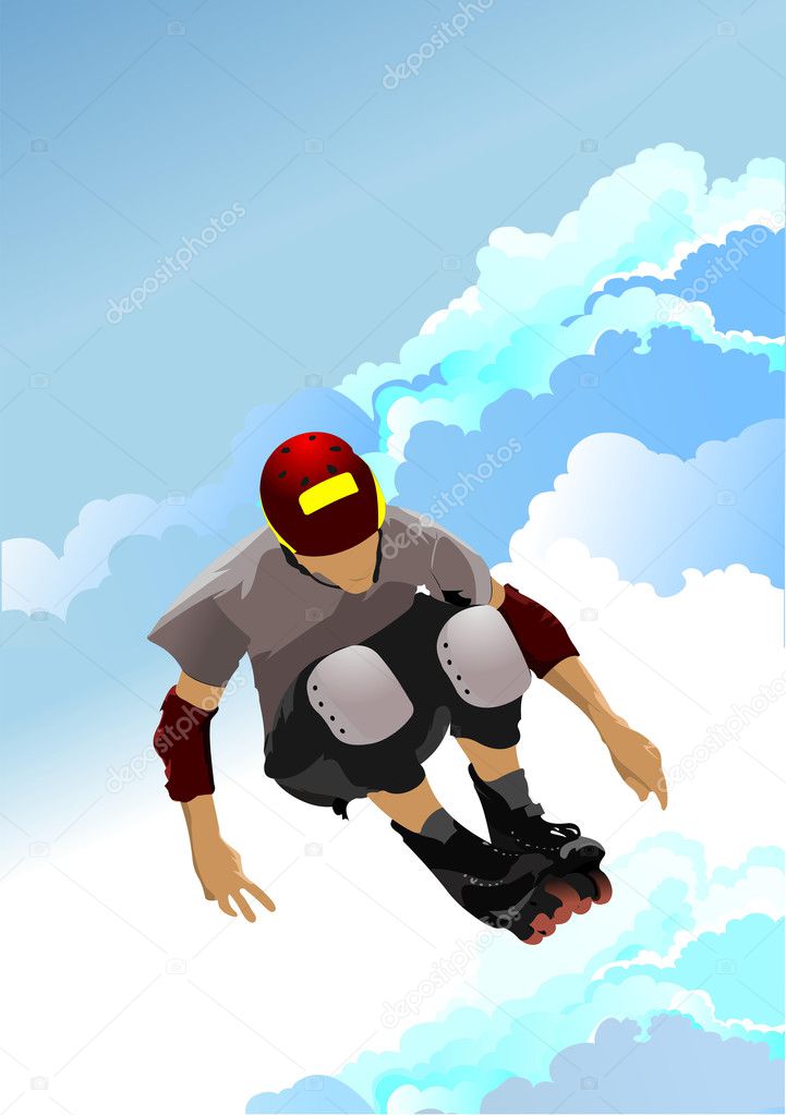 Active roller boy jumping on the blue sky background. Vector ill