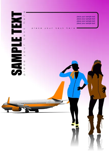 Vliegveld en twee stewardessl. vectorillustratie — Stockvector