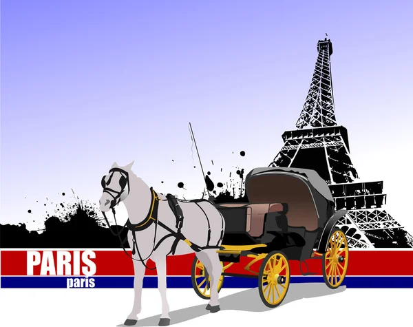 Vintage carriage and horse on Paris background. Vector illustrat — Stock Vector